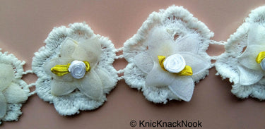 Off White Cotton Embroidery And Fabric Flower Trim With Satin Green Leaves And White/Green Rose, Approx. 55mm